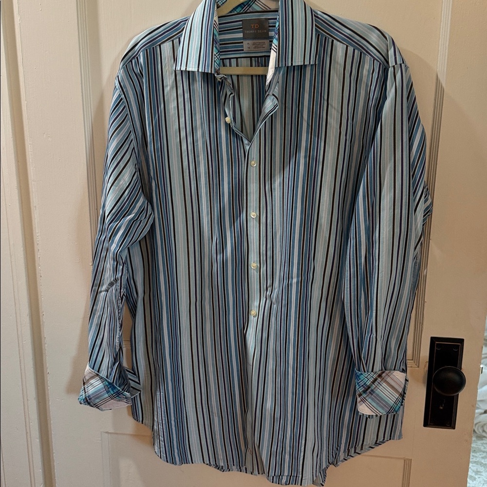 Thomas Dean Blue and White Striped Button Down Shirt
